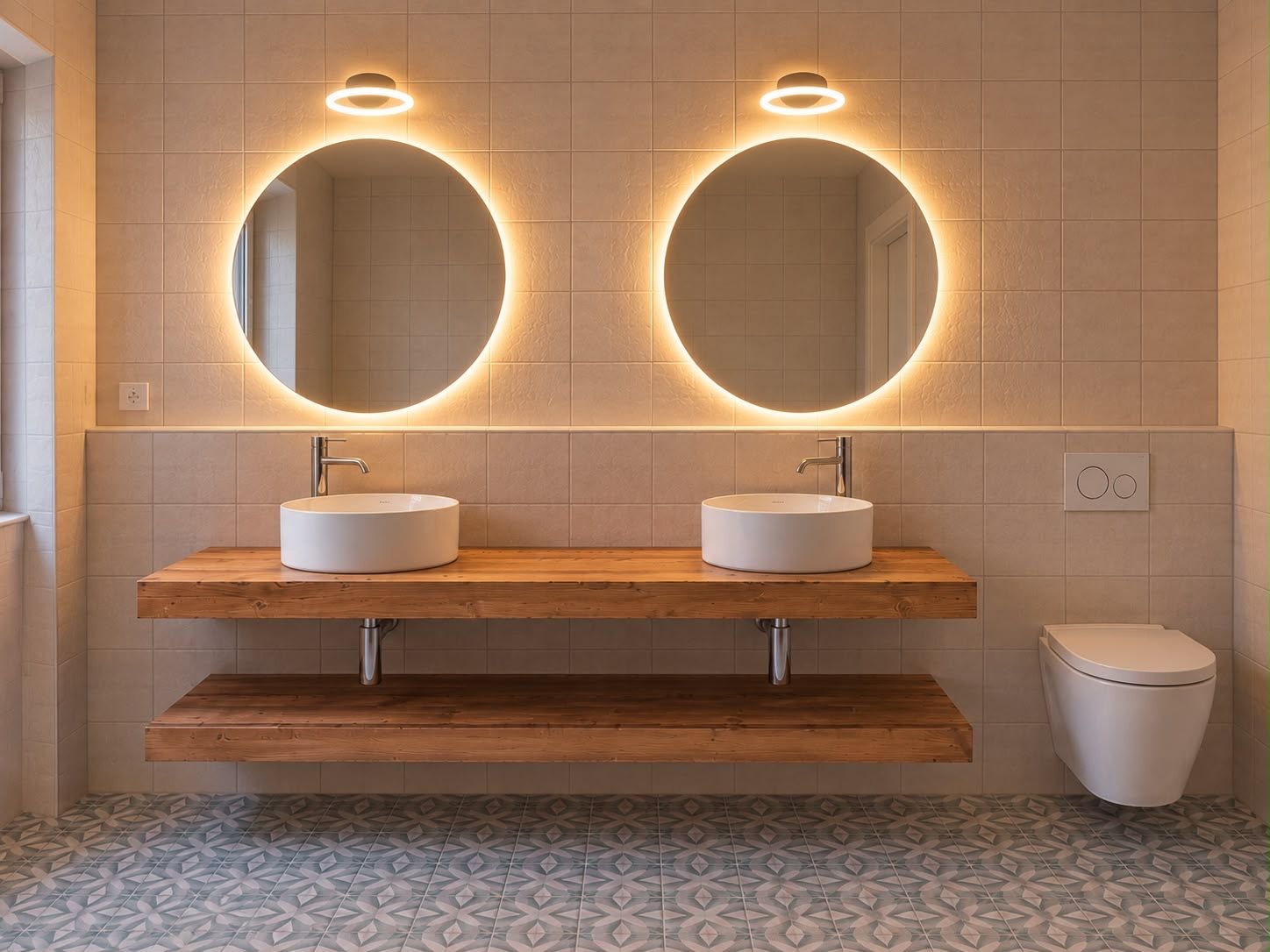 Salle de bains avec deux vasques sur un plan en bois, miroirs ronds éclairés et WC suspendu