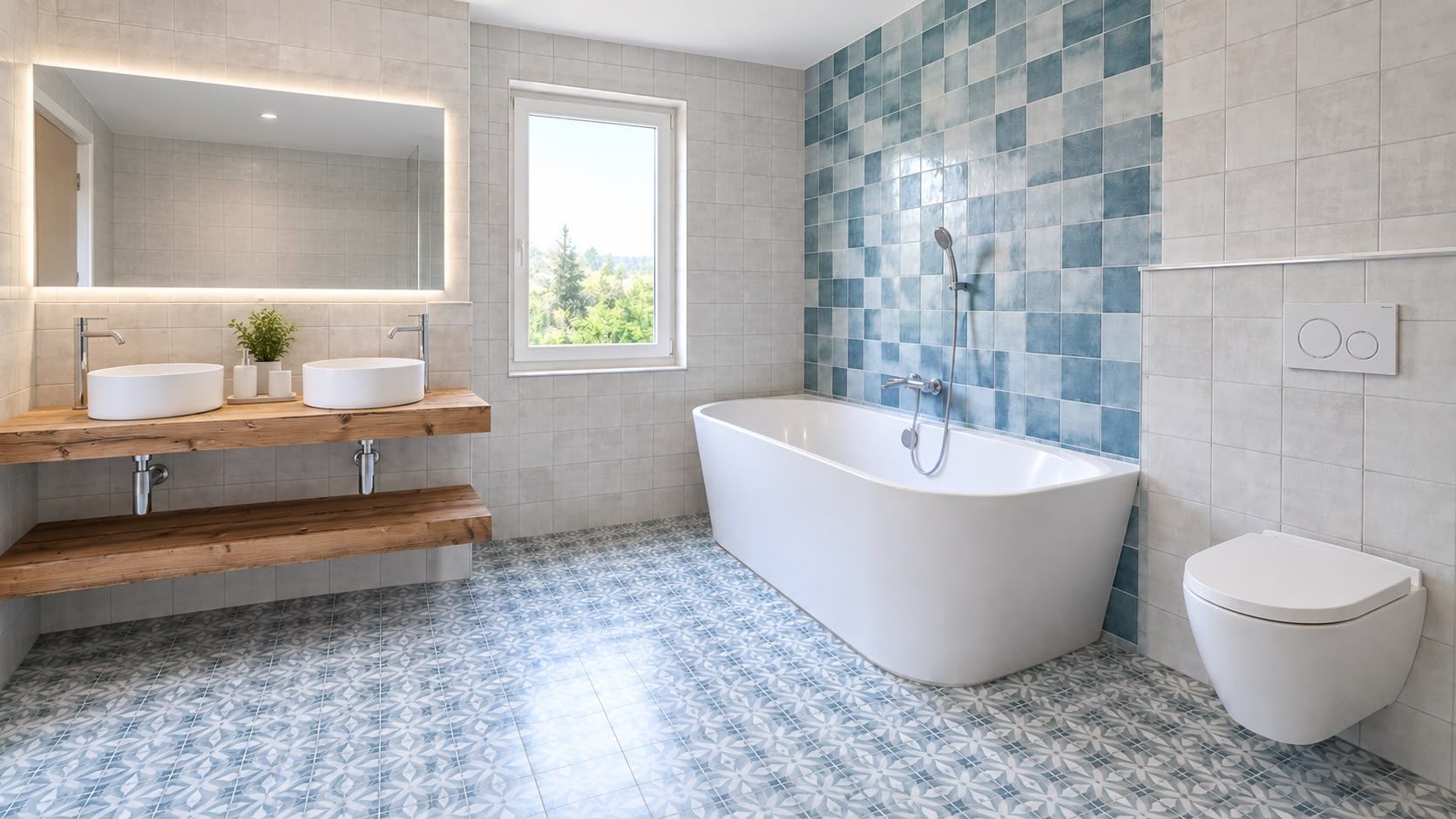 Salle de bains lumineuse : baignoire, double vasque sur plan en bois et mur carrelé de bleu